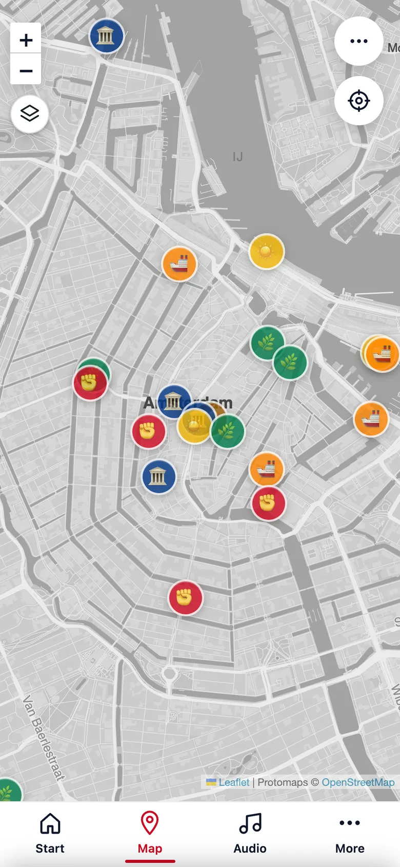 The Free Amsterdam map on a phone, a coloured pin for each story